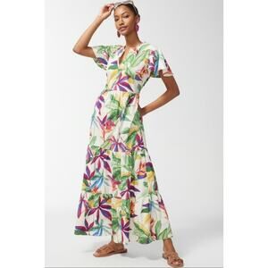Chico’s Maxi Dress Womens 1 Cream Pink Botanical Tiered FlutterSleeve | US 8 EUC